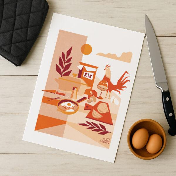 affiche déco représentant le monde de la cuisine, un graphisme contemporain dans des tons de couleurs chaudes